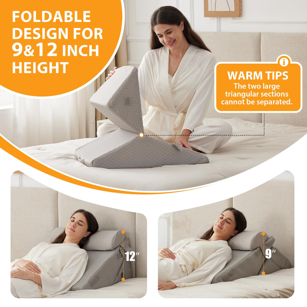 Ruqmuis 3PCS Wedge Pillow Set for After Surgery, Wedge Pillow Headboard, Adjustable 9&12 Inch Bed Pillow Wedge for Sleeping, Acid Reflux, Orthopedic Pillow Wedge for Back Pain Relief, Gerd, Grey