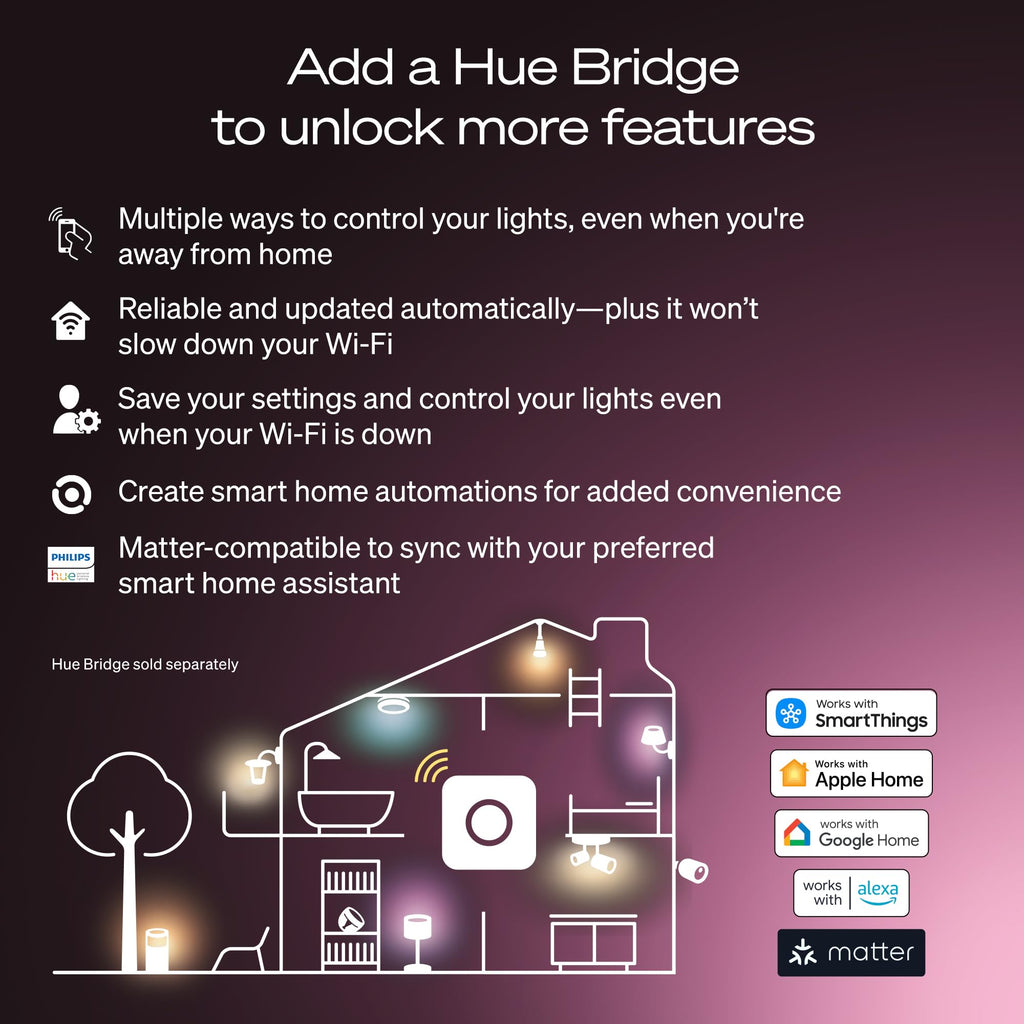 Philips Hue Smart LED A19 Bulb 4-Pack, Warm White Light 2700K, E26 Base, 9W, 810 Lumens, Dimmable LED Bulbs, Works with Alexa, Google Assistant, and Apple Home