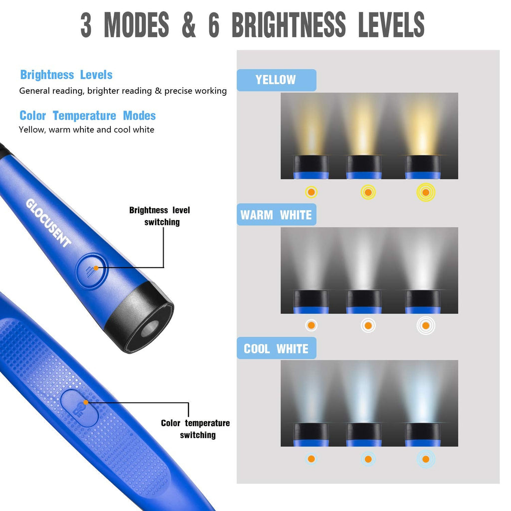Glocusent Book Light, 3-Color & 6-Brightness Reading Light, Bendable Neck Light, 80-hr Lasting Rechargeable Lamp, Perfect Book Light for Reading in Bed, Knitting, Camping, Repairing, Book Lovers Gifts