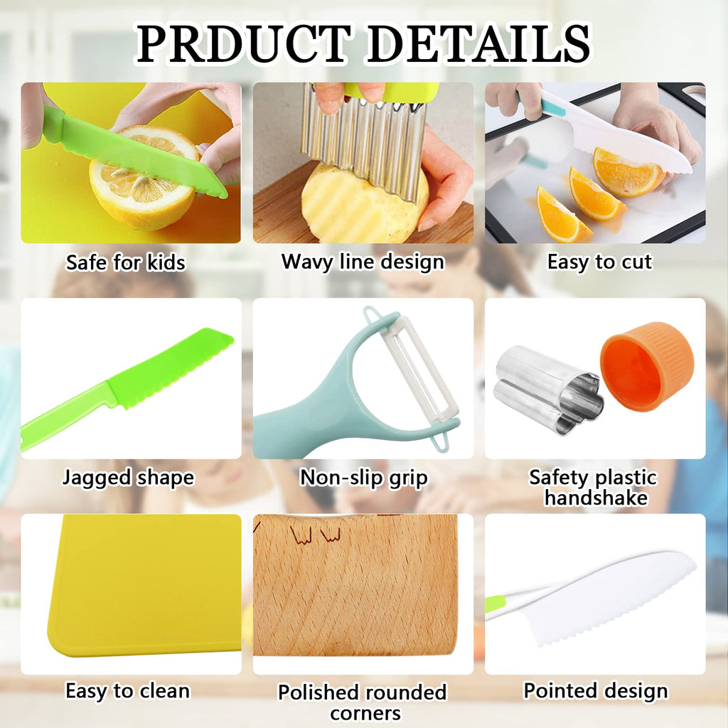 RISICULIS 11 Pieces Wooden Kids Kitchen Knife, Kids Knife Set Include Wood Kids Knife, Serrated Edges Plastic Toddler Knife, Crinkle Cutter, Sandwich Cutter, Y Peeler, Cutting Board