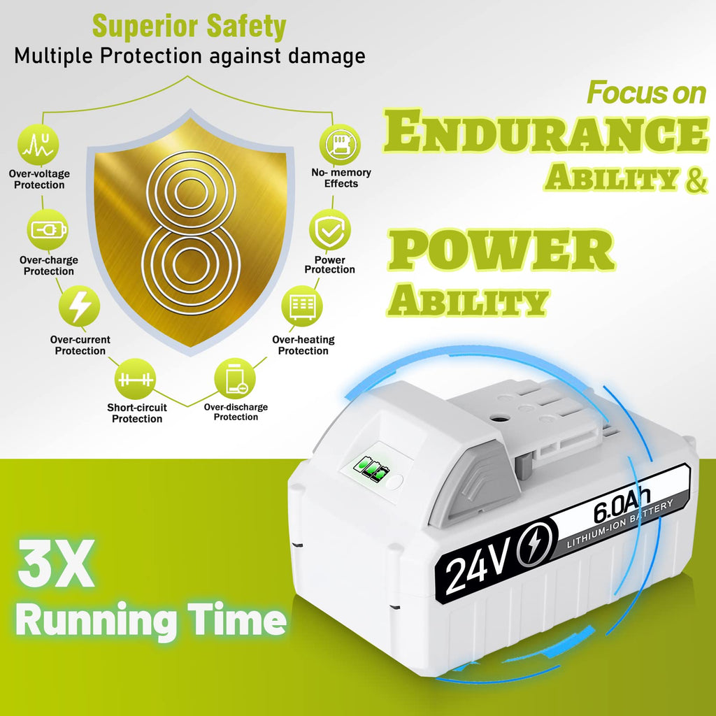 【Upgrade with DC PORT】2Pack 24V 6.0Ah Replacement Battery for Snow Joe, Sun Joe, Power Joe, Aqua Joe 24V iON+ Tools 24BAT-LTX 24VBAT-LTW 24VBAT-LTE 24VBAT-LT 24VBAT Lithium Ion Power Tool Battery