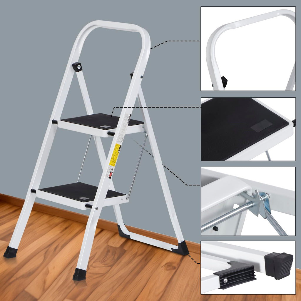 JungleA 2 Step Ladder Folding Step Stool,Small Foldable Home Step Stool for Kids Adults,Wide Anti-Slip Pedal,350 lbs Load Capacity,Lightweight Portable White Step Stool Ladder for Bed,Closet,Kitchen