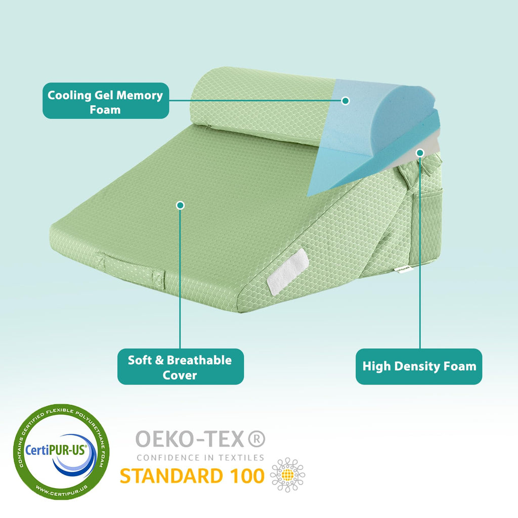 Bedluxe 3Pcs Orthopedic Bed Wedge Pillow Set, Foam Wedge Pillow Post Surgery for Back, Leg and Knee Support, Adjustable 9&12 Inch Folding Triangle Pillow for Sleeping, Acid Reflux, Snoring, Green