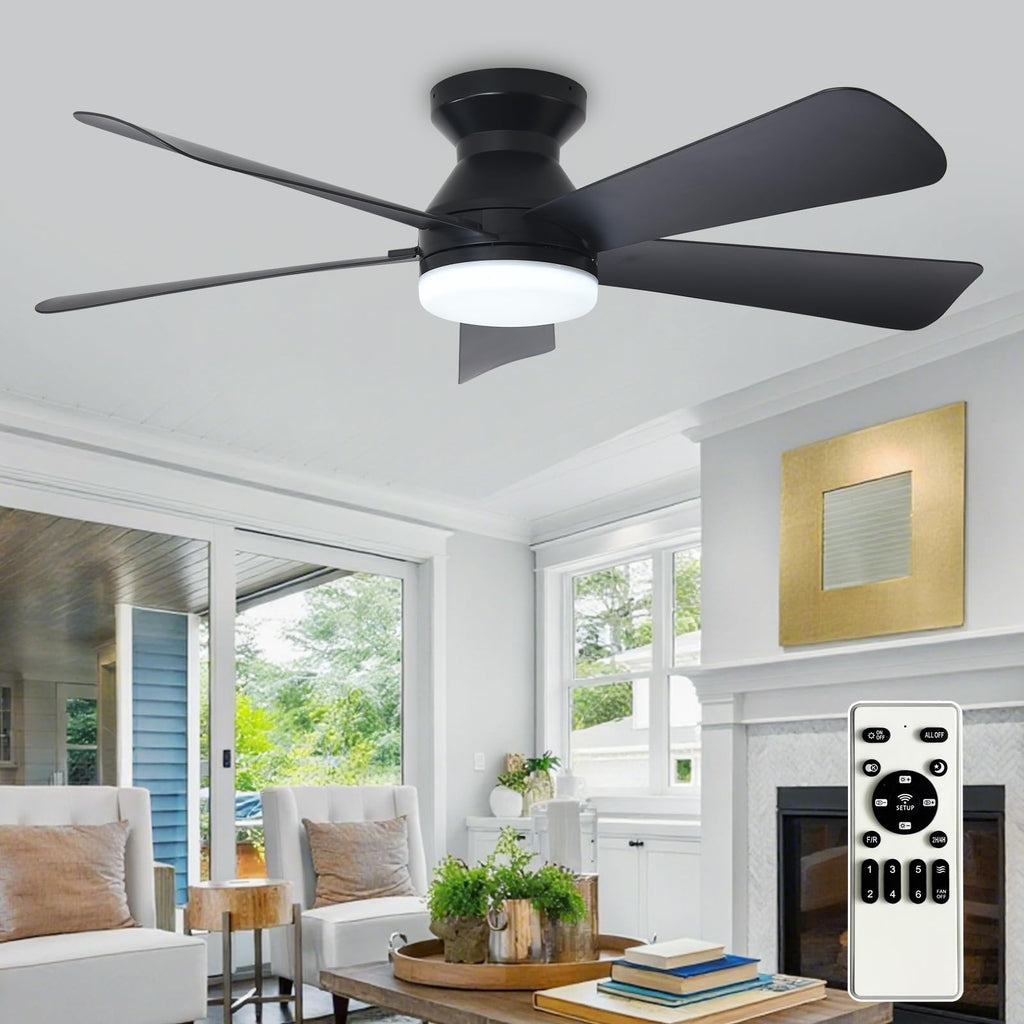Depuley Modern Ceiling Fan with Light: 42-Inch Black Small Fans for Bedroom Indoor Outdoor - Dimmable Low Profile Ceiling Fans with Remote Control Flush Mount 5 Reversible Black Blades 6 Speeds Timer