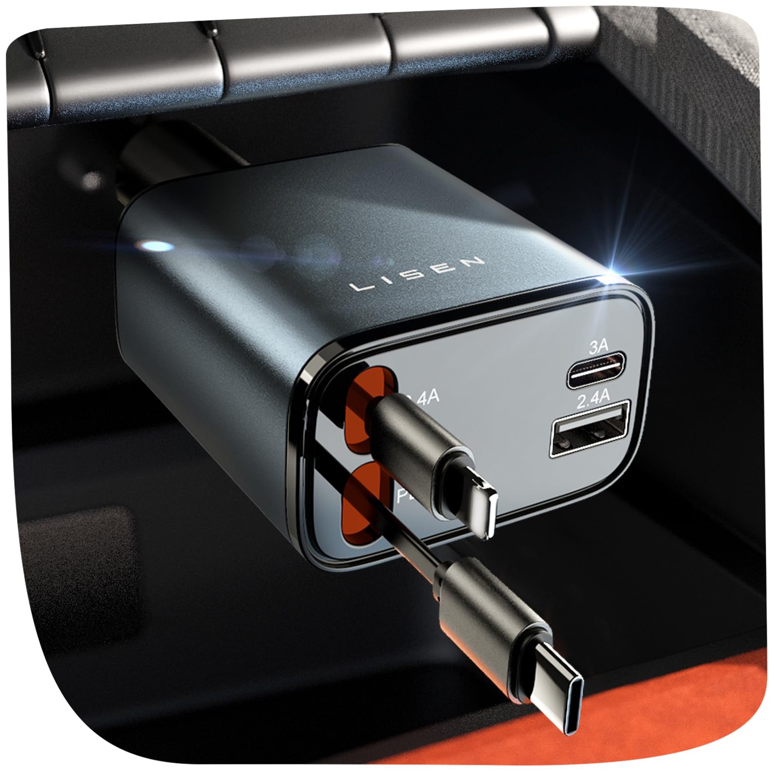 LISEN Retractable Car Charger [69W USB C Car Charger Adapter] iPhone 16 Car Charger Fast Charging, Fast Charging Car Charger, Type C Retractable Car Charger for iPhone 16 15 14 13 12, Samsung, Gray