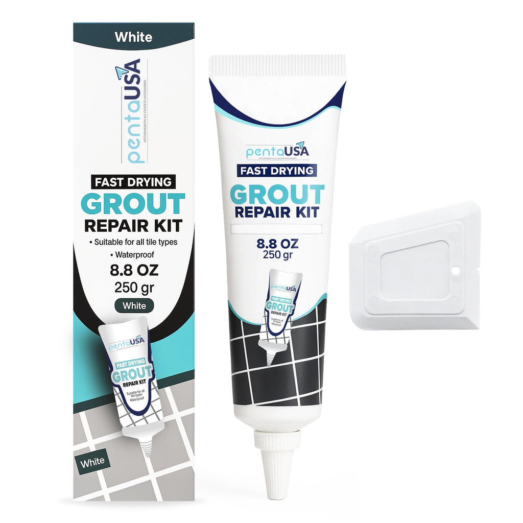 PentaUSA Tile Grout Repair Kit - White Premixed Acrylic Sanded Grout Filler for Bathroom, Shower, and Kitchen, Water-Resistant Tube with Applicator, Fills Cracks and Gaps, Fast Drying (8.8oz / 250g)