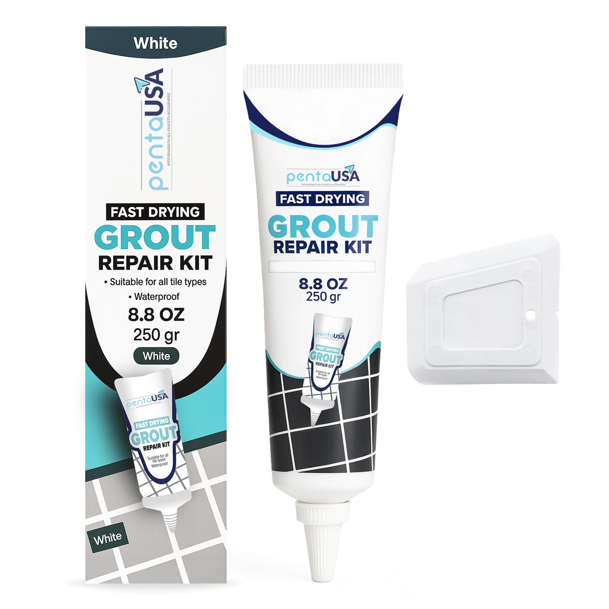 PentaUSA Tile Grout Repair Kit - White Premixed Acrylic Sanded Grout Filler for Bathroom, Shower, and Kitchen, Water-Resistant Tube with Applicator, Fills Cracks and Gaps, Fast Drying (8.8oz / 250g)