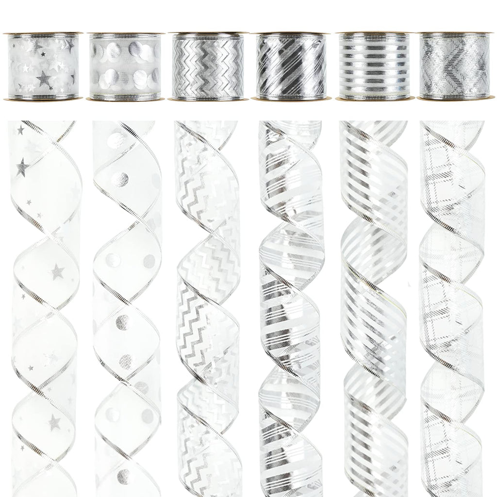 MEEDEE Silver Ribbon for Christmas Tree Silver Wired Ribbon 2.5 Inch 6 Rolls 36 Yards Silver Tree Ribbon Garland Christmas Ribbon Set Ribbon for Christmas Tree Decoration Topper Bow Making