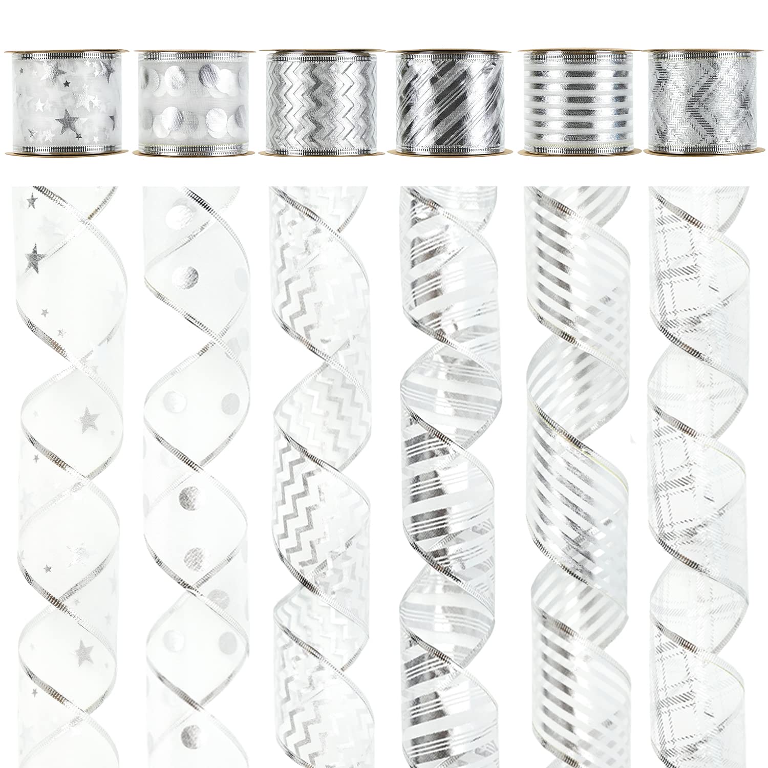 MEEDEE Silver Ribbon for Christmas Tree Silver Wired Ribbon 2.5 Inch 6 Rolls 36 Yards Silver Tree Ribbon Garland Christmas Ribbon Set Ribbon for Christmas Tree Decoration Topper Bow Making