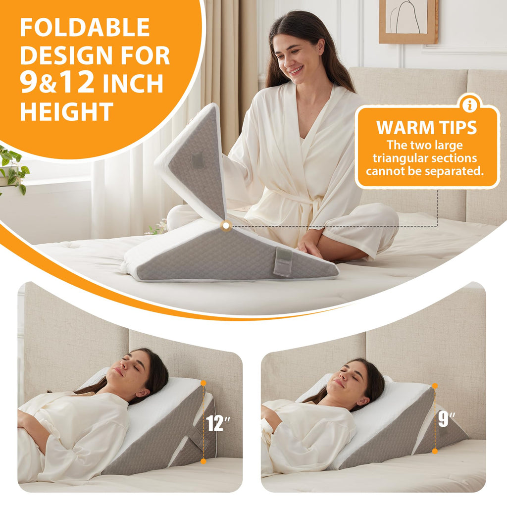 Ruqmuis Bed Wedge Pillow for Sleeping, 9&12 Inch Adjustable Wedge Pillow Set for After Surgery, Triangle Pillow for Back Pain Relief, Leg Support, Acid Reflux, Gerd, White/Grey