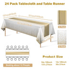 24Pack Disposable Plastic Tablecloths and Satin Table Runner Set White and Gold Dot Tablecloth Gold Satin Table Runner for Wedding Birthday Baby Shower Anniversary Christmas New Year Party Decorations