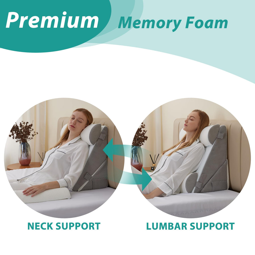 Bedluxe Adjustable 4pcs Bed Wedge Pillow Set, Memory Foam Wedge Pillows Post Surgery for Back, Neck, Leg Pain Relief, Pillow Wedge for Sleeping, Sitting up in Bed, Acid Reflux and GERD, White/Grey