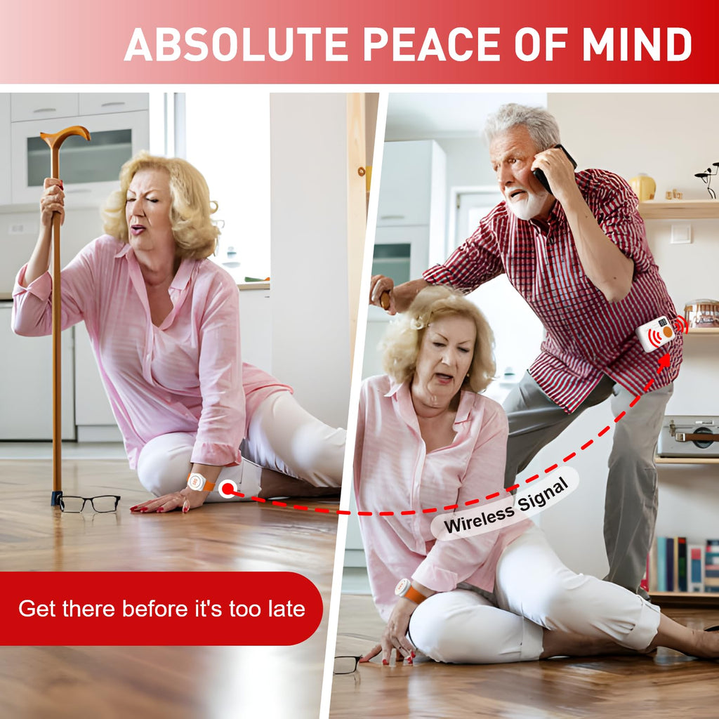 CallToU Wireless Caregiver Pager Portable Alarms for Elderly Wrist Call Button Caregiver Alert Paging System Vibrate Pager with Digital Display Nurse Call Bell Help Button, Alert Button for Seniors