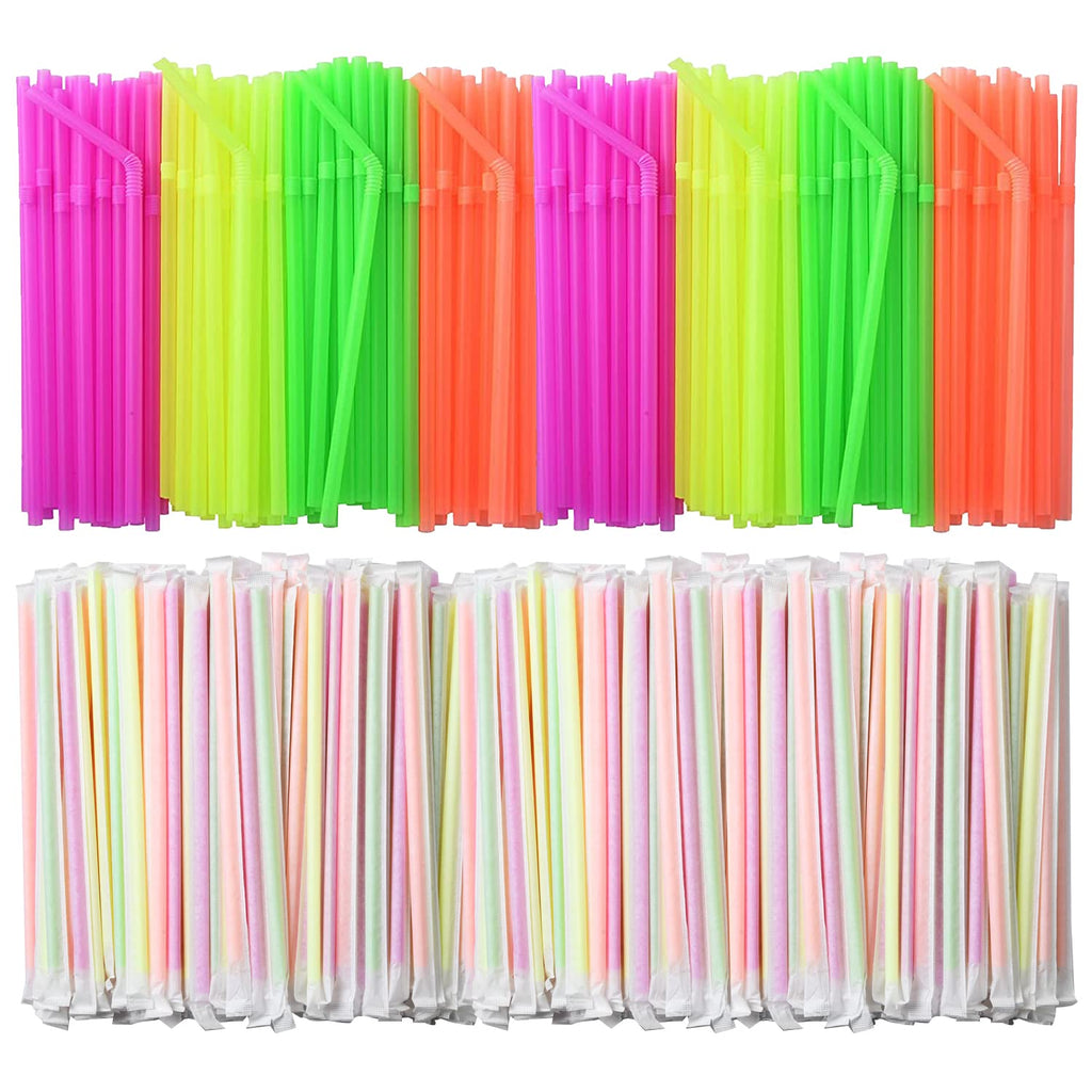 ALINK 1000 Count Neon Flexible Plastic Drinking Straws, Individually Wrapped, Disposable Bendy Straws - 7.75 in x 0.23 in