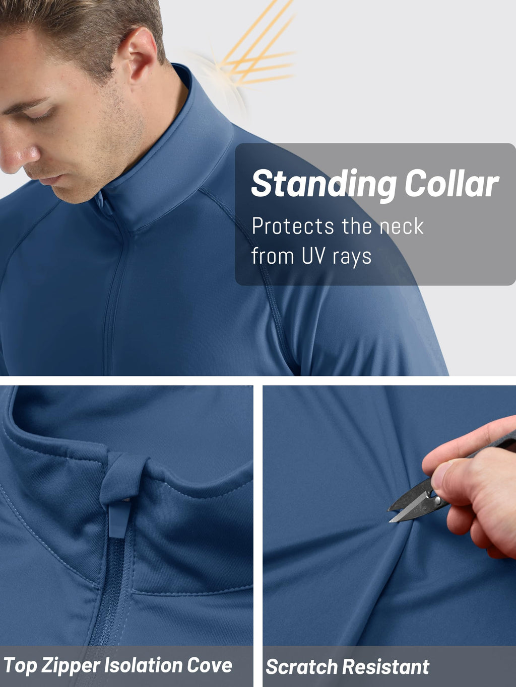 Sun Protection Shirts for Men Long Sleeve 1/4 Zip Outdoor Athletic Performance Workout Shirt for Men Quick Dry Fit Sports Shirts Blue Grey M