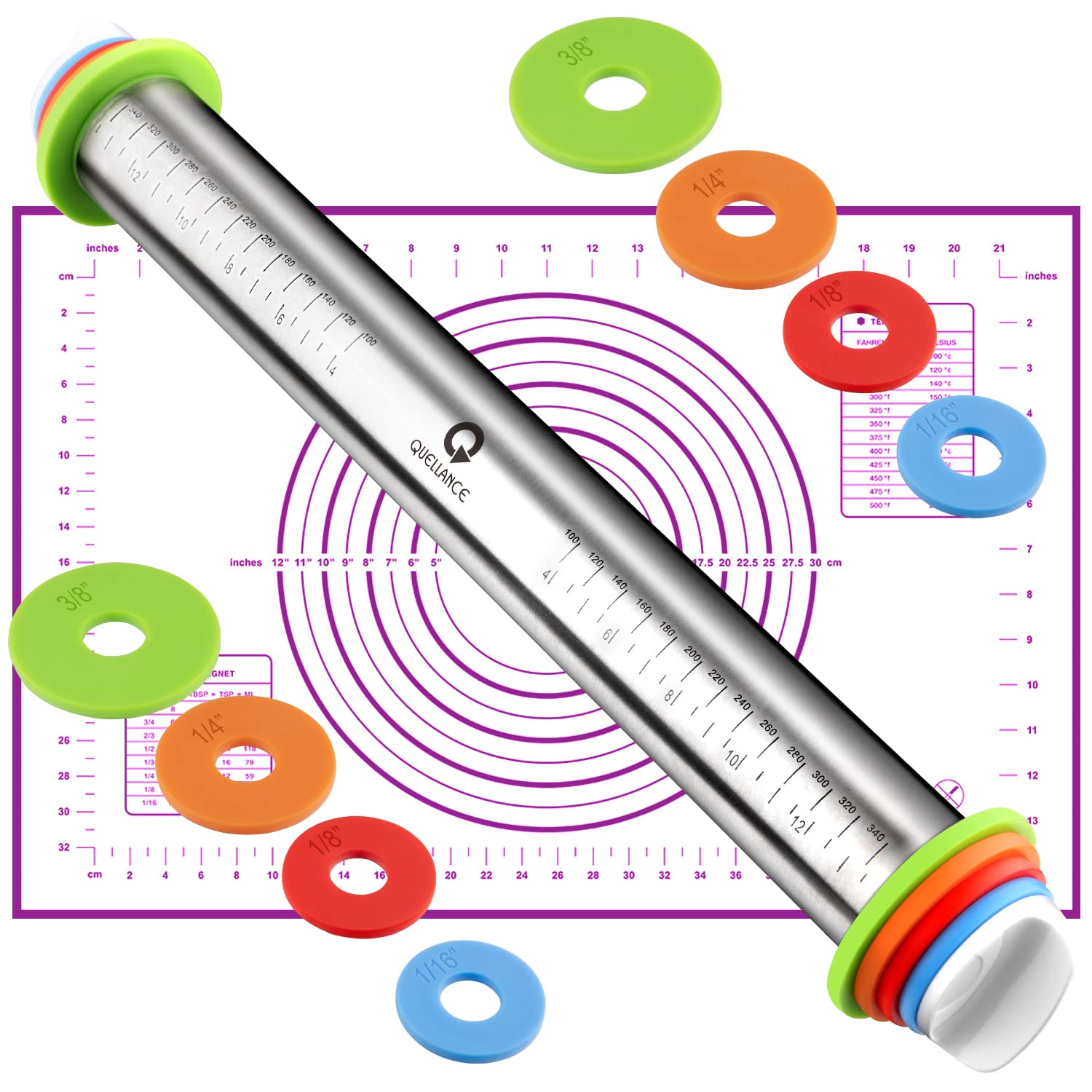 Rolling Pin and Pastry Baking Mat Set, Rolling Pins with Adjustable Thickness Rings, Stainless Steel Dough Roller for Baking Fondant, Pizza, Pie, Pastry, Pasta, Cookies (Purple)