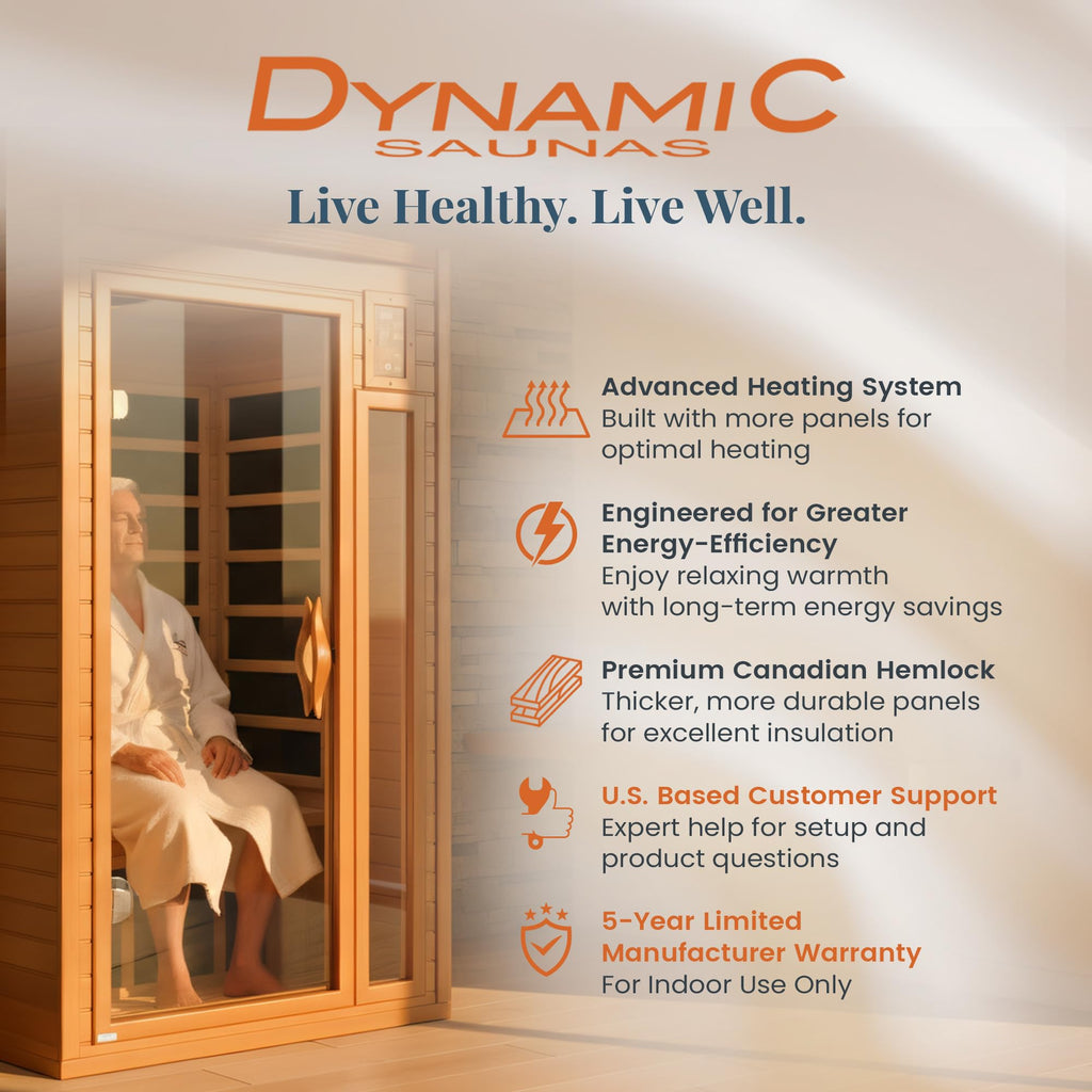 DYNAMIC SAUNAS Barcelona 1- to 2-Person Low EMF FAR Infrared Sauna with Red Light Therapy & Bluetooth Speakers | Personal Indoor Dry Heat Sauna for Home & Gym – Made from Canadian Hemlock