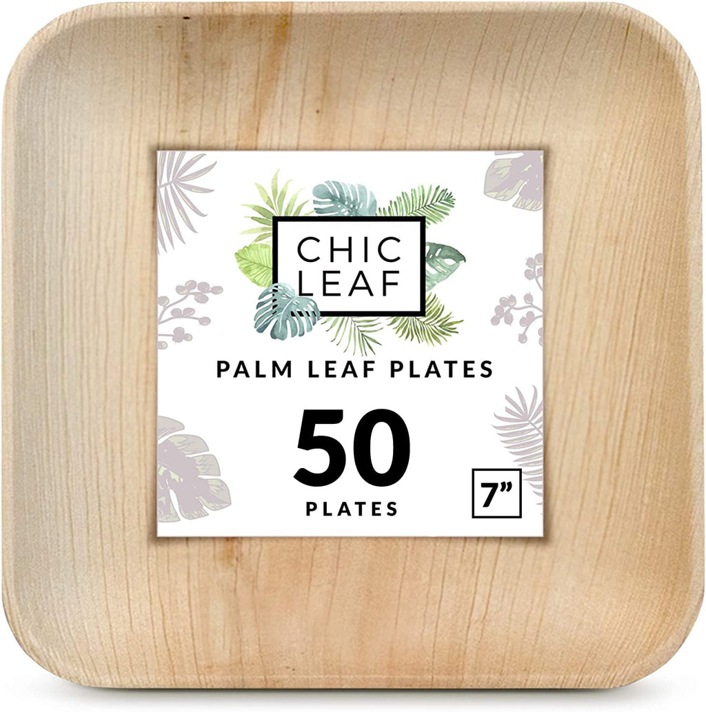 Chic Leaf Palm Leaf 100% Compostable & Disposable 7 Inch Square Plates- Leak-Proof Dinnerware Set- 50 Microwave & Oven Safe Bamboo Like Appetizer & Dessert Plates, Better than Paper & Plastic Plates
