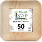 Chic Leaf Palm Leaf 100% Compostable & Disposable 7 Inch Square Plates- Leak-Proof Dinnerware Set- 50 Microwave & Oven Safe Bamboo Like Appetizer & Dessert Plates, Better than Paper & Plastic Plates