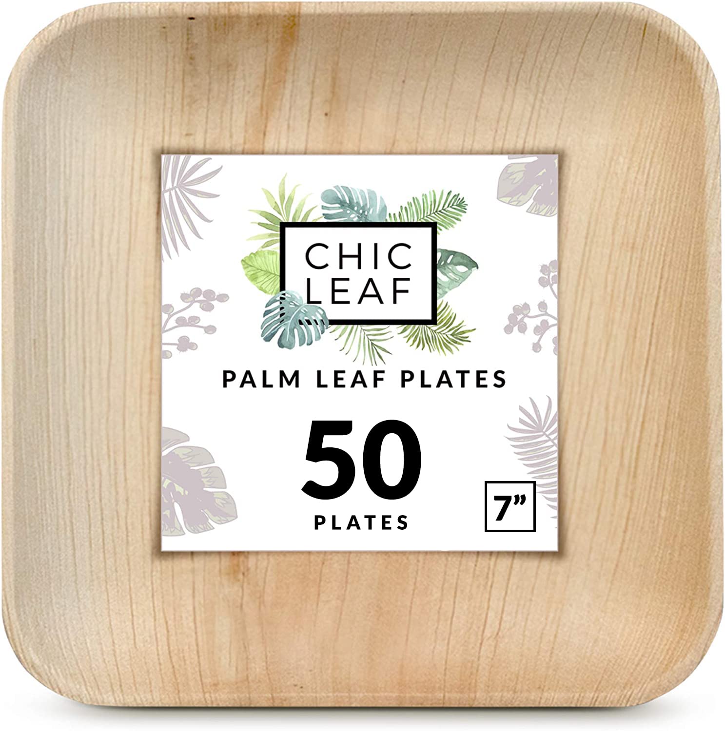 Chic Leaf Palm Leaf 100% Compostable & Disposable 7 Inch Square Plates- Leak-Proof Dinnerware Set- 50 Microwave & Oven Safe Bamboo Like Appetizer & Dessert Plates, Better than Paper & Plastic Plates