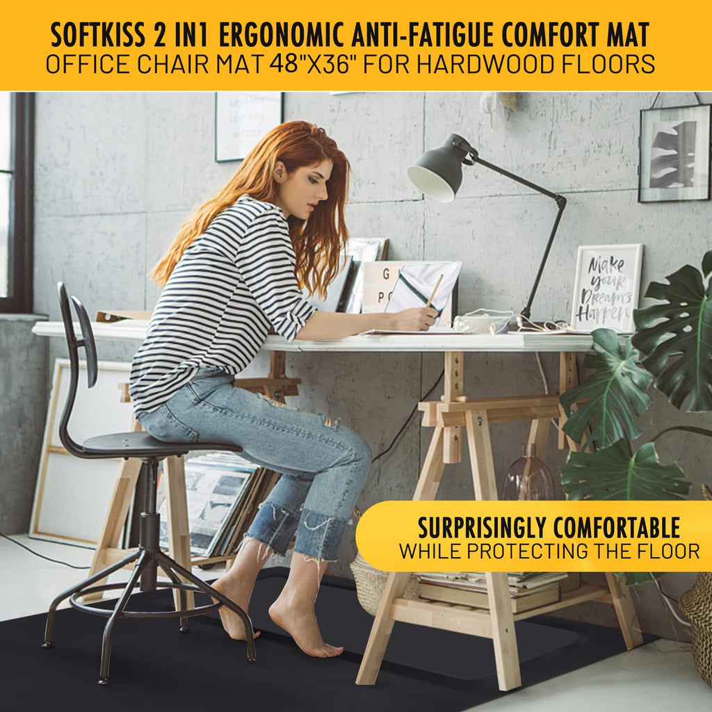 Anti-Fatigue Standing Office Chair Mat for Hardwood Floor with Cushioned Foam Foot Support, 48” x 36” Desk Chair mat, Scratch Resistant and Waterproof Anti-Slip Surface, Soft Ergonomic Cushion