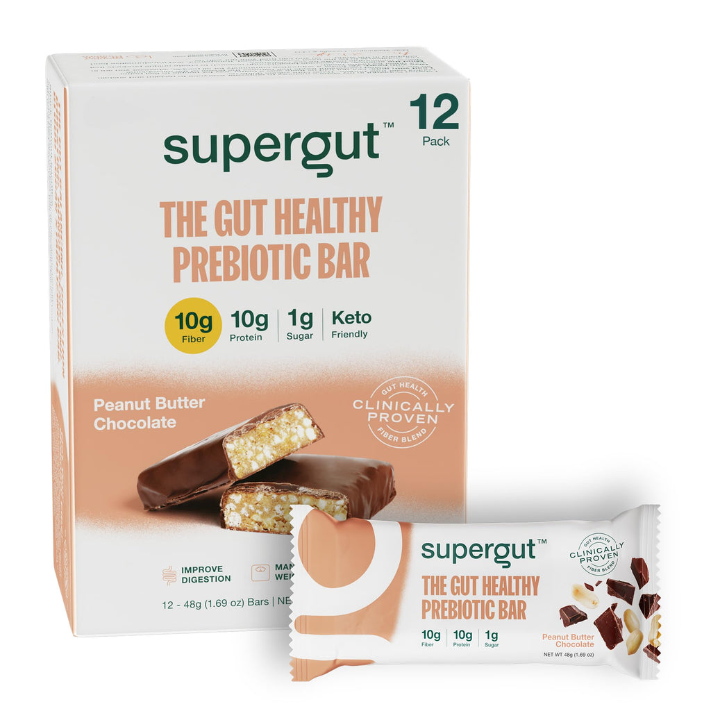 Supergut Prebiotic Bars | Meal Replacement | Boost GLP-1 | High Fiber and Protein | No Added Sugar | Keto Food, Snack (Peanut Butter Chocolate, 12 Count)