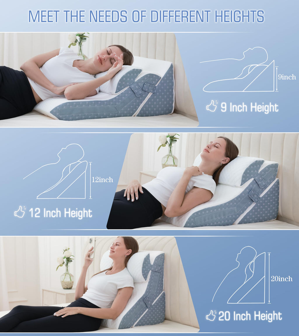 Ziiyllean Bed Wedge Pillow for Sleeping, 20-in-1 Adjustable Pillow Wedge Acid Reflux Pillow, 9 &12 & 20 Inch 3-in-1 Incline Wedge Pillow for Back Pain Relief, Gerd, Snoring