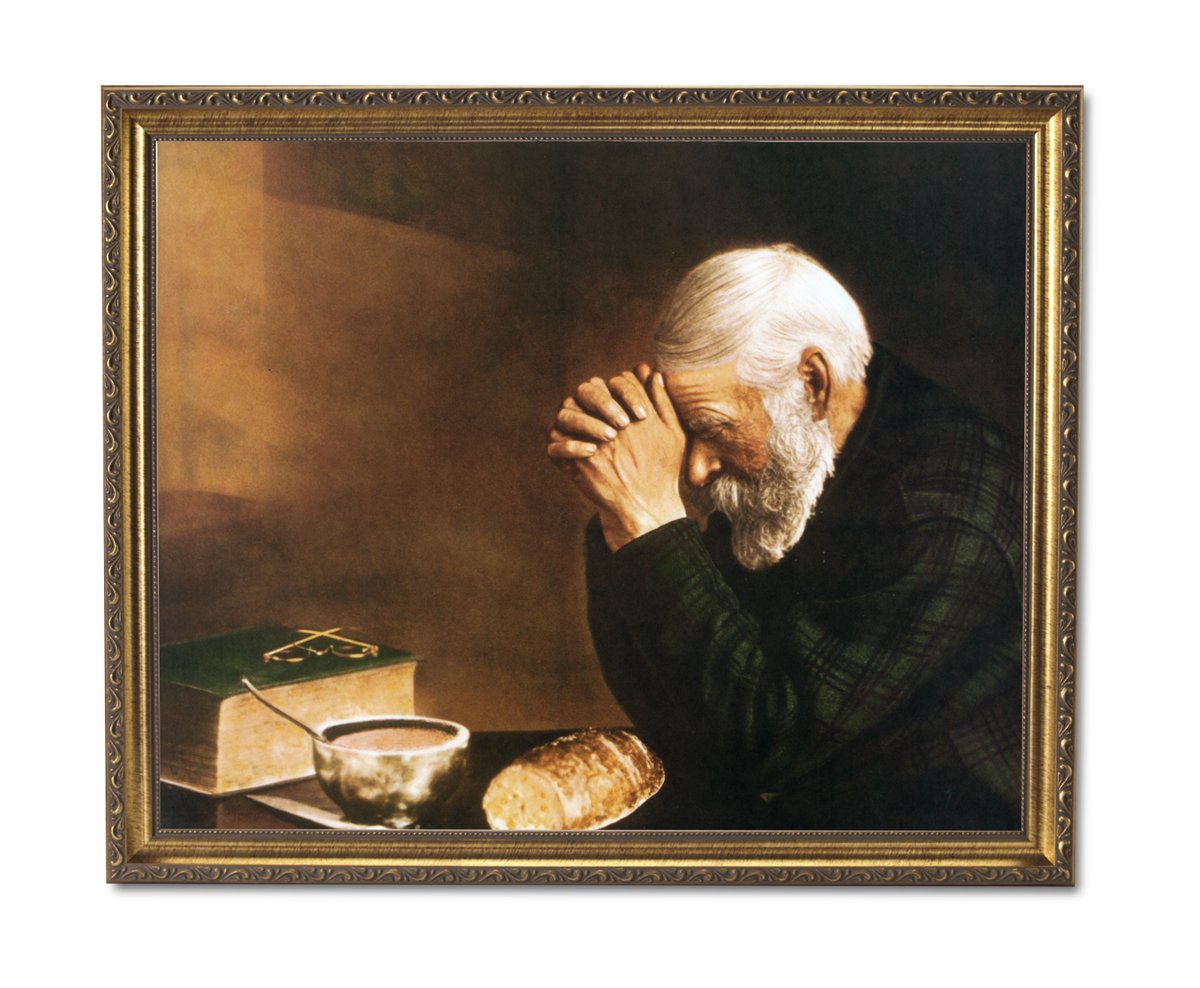 Daily Bread Man Praying At Dinner Table Grace Religious Picture Wall Art Print 16x20 with Gold Frame + Glass *Sentimental and Classic*