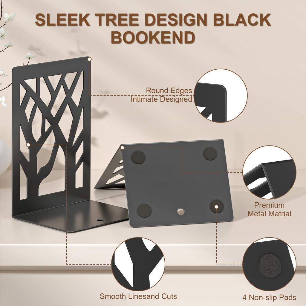 4-Piece Modern Metal Bookends for Shelves, Black Tree Book Ends for Books, Decorative Book Organizer for Desk, Non-Skid Shelve Bookends for Home Office