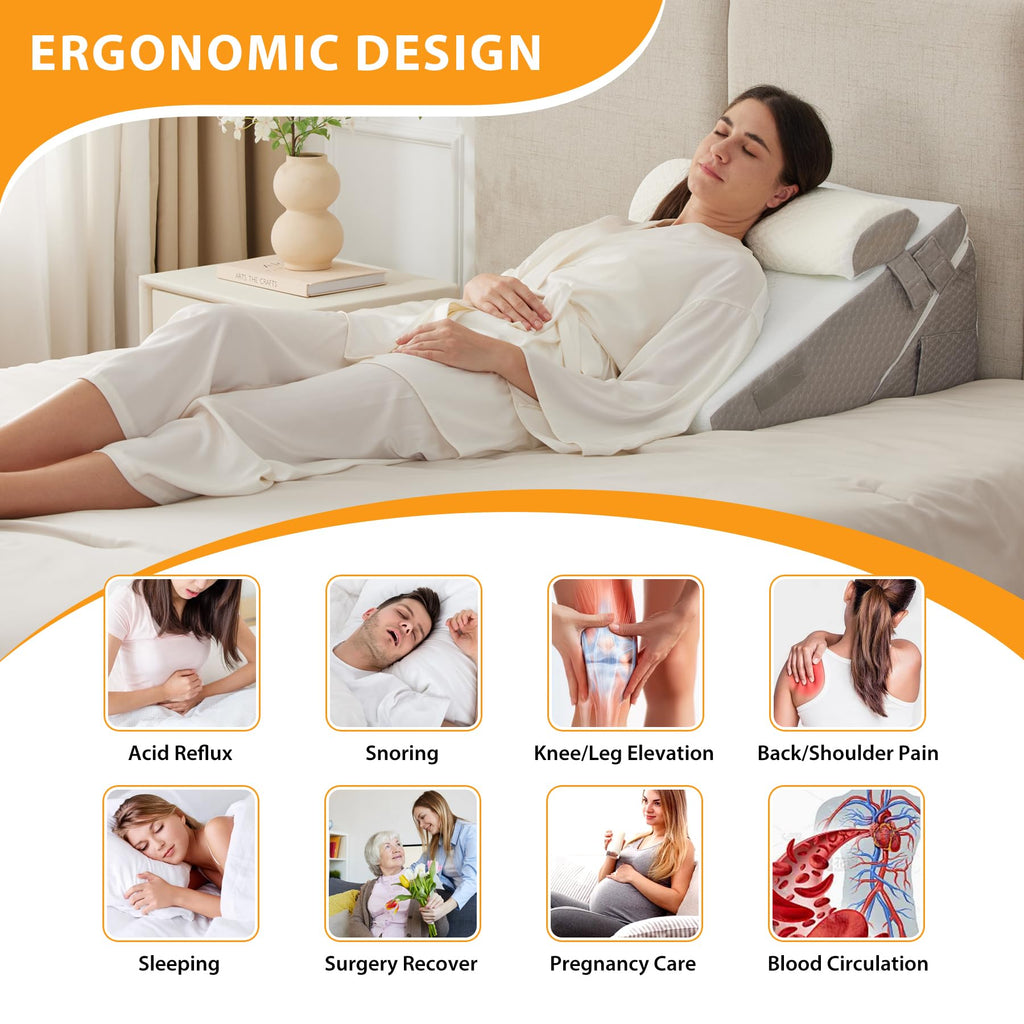 Ruqmuis 3PCS Wedge Pillow Set for After Surgery, Wedge Pillow Headboard, Adjustable 9&12 Inch Sleeping Wedge, Acid Reflux, Orthopedic Pillow Wedge for Back Pain Relief, Gerd, White/Grey