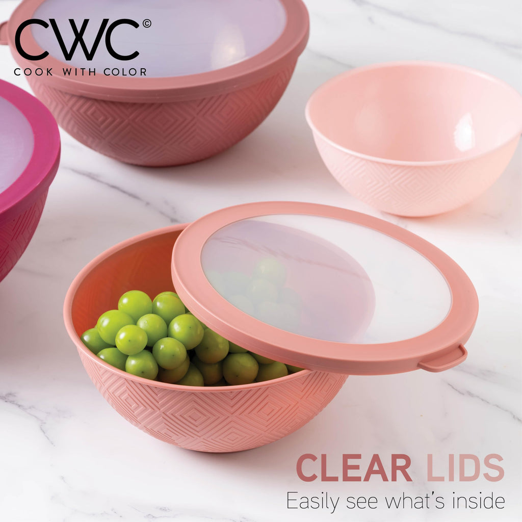 COOK WITH COLOR Mixing Bowls with Lids - 12 Piece Plastic Nesting Bowls Set includes 6 Prep Bowls and 6 Lids, Rhombus Design - Microwave Safe (Rose)