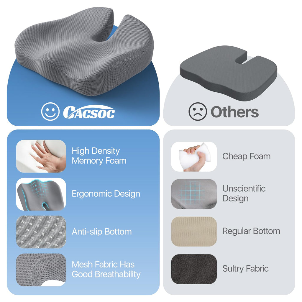 CJACSOC Seat Cushion, Extra Large Memory Foam Cushion for Office Chair Cushions, Ergonomic Cushions Pad Pillow for Pressure Relief Sciatica & Pain Relief for Long Sitting, Grey
