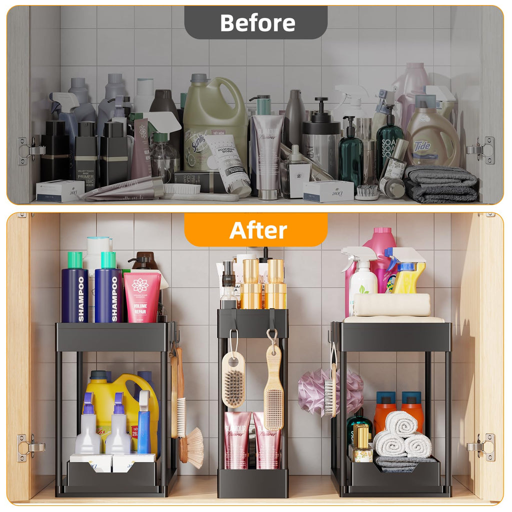 Simple Trending 3 Pack Under Sink Organizer, Pull-Out Cabinet Organizer Drawer, 2 Tier Multi-Purpose Slide Out Storage Shelf for Kitchen Bathroom, Black