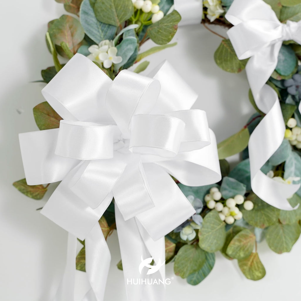 HUIHUANG White Wired Satin Ribbon 2.5 inch White Double-Faced Satin Wire Ribbon for Bows Making, Wreaths, Gift Wrapping, Holiday Home Decor, Crafts, Christmas Tree Bows-Continous 10 Yards