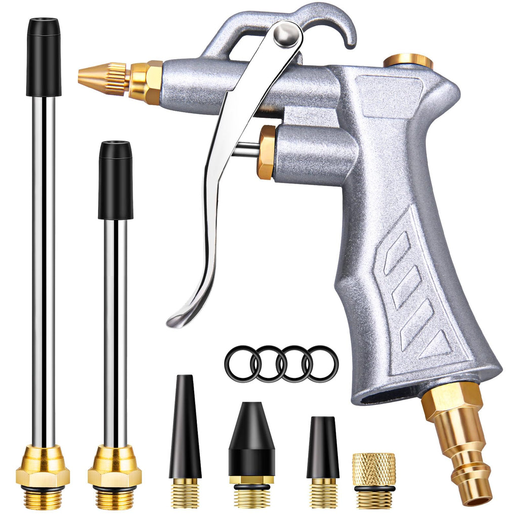 Industrial Air Blow Gun with Brass Adjustable Air Flow Nozzle and 2 Steel Extension, Pneumatic Air Compressor Accessory Tool Dust Cleaning and Blower Gun