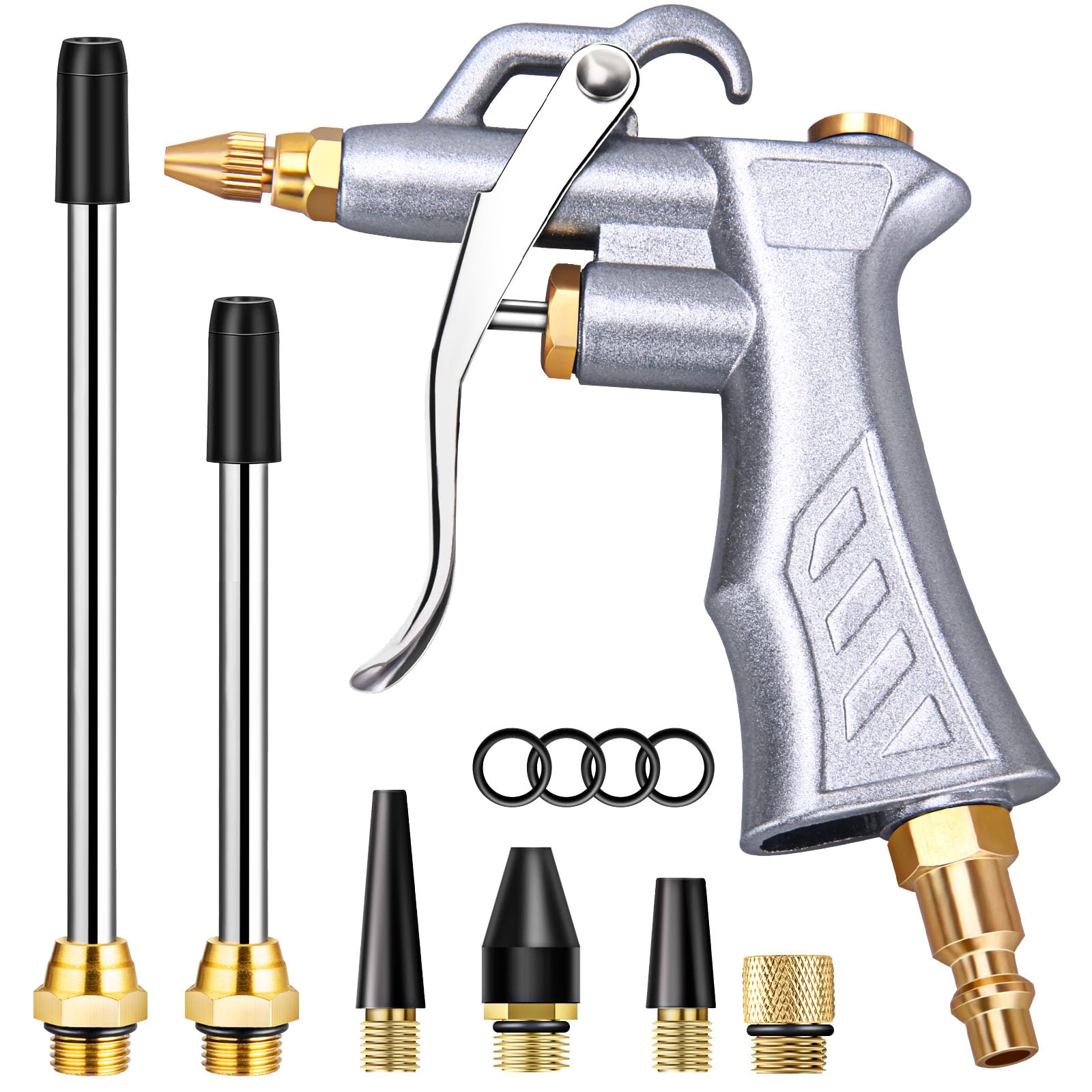 Industrial Air Blow Gun with Brass Adjustable Air Flow Nozzle and 2 Steel Extension, Pneumatic Air Compressor Accessory Tool Dust Cleaning and Blower Gun