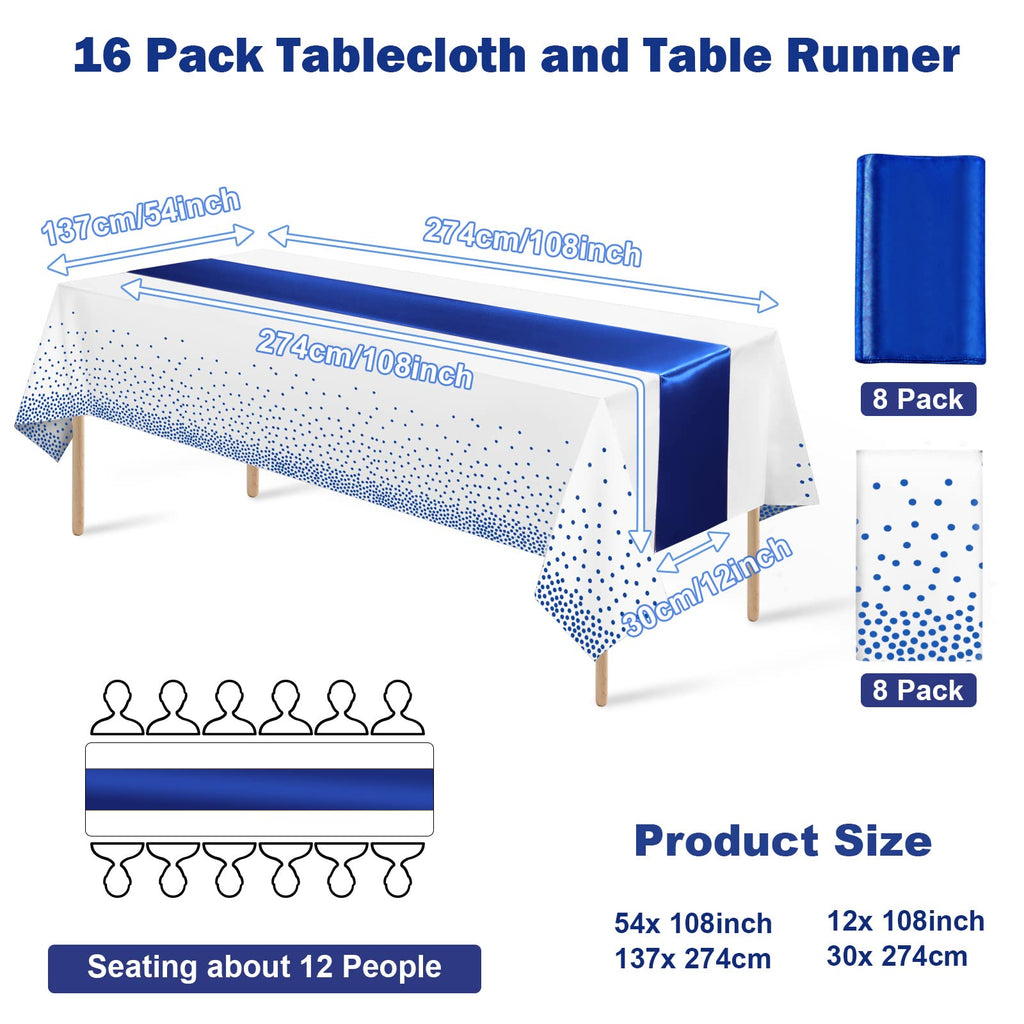 16Pack Disposable Plastic Tablecloths and Satin Table Runner Set White and Blue Dot Tablecloth Blue Satin Table Runner for Wedding Birthday Baby Shower Anniversary Christmas New Year Party Supplies