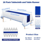 16Pack Disposable Plastic Tablecloths and Satin Table Runner Set White and Blue Dot Tablecloth Blue Satin Table Runner for Wedding Birthday Baby Shower Anniversary Christmas New Year Party Supplies