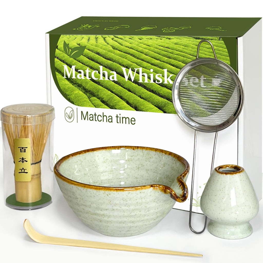 Vaiheng Matcha Whisk Set with Matcha Bowl, Matcha Whisk Holder Matcha Bamboo Whisk, Scoop, Sifter, Unique Gifts for Women Men Girl Friend Home Kitchen Decor Gifts for Tea Enthusiasts Christmas