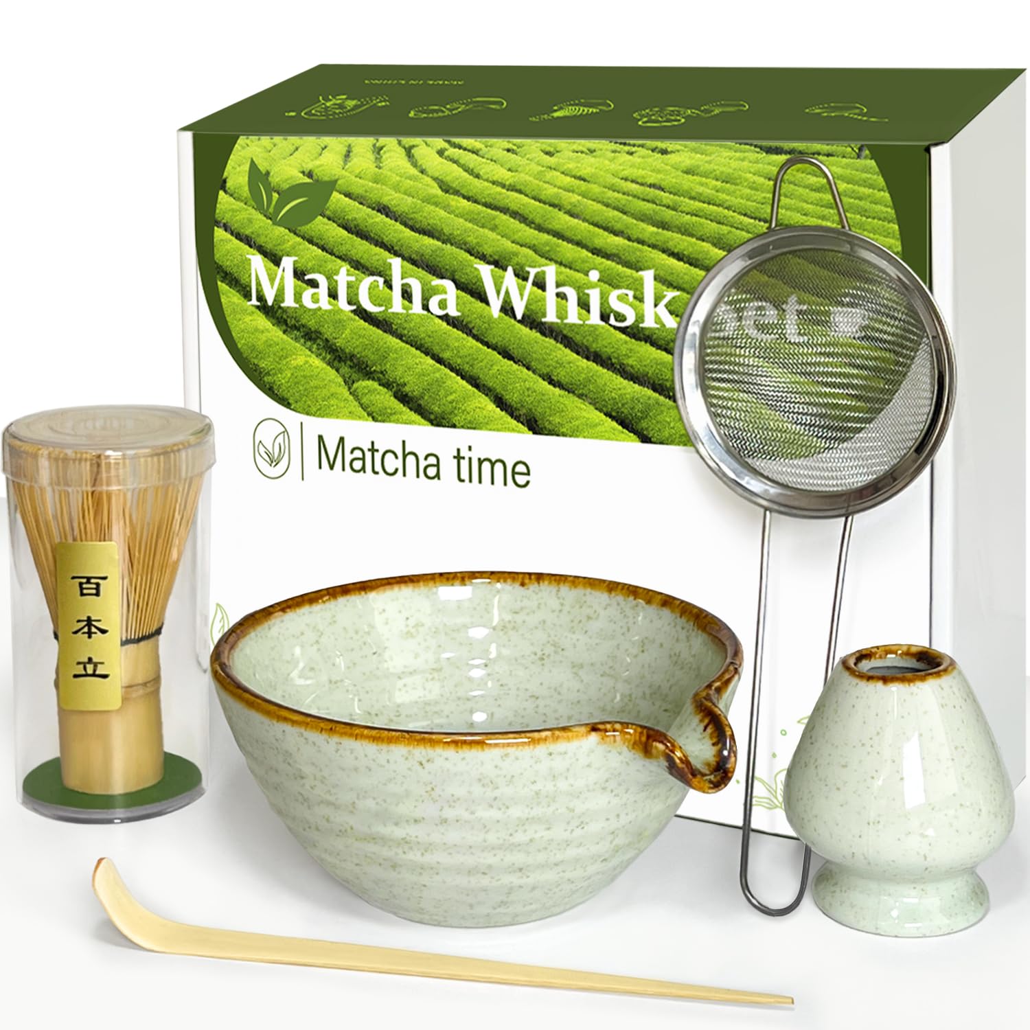 Vaiheng Matcha Whisk Set with Matcha Bowl, Matcha Whisk Holder Matcha Bamboo Whisk, Scoop, Sifter, Unique Gifts for Women Men Girl Friend Home Kitchen Decor Gifts for Tea Enthusiasts Christmas