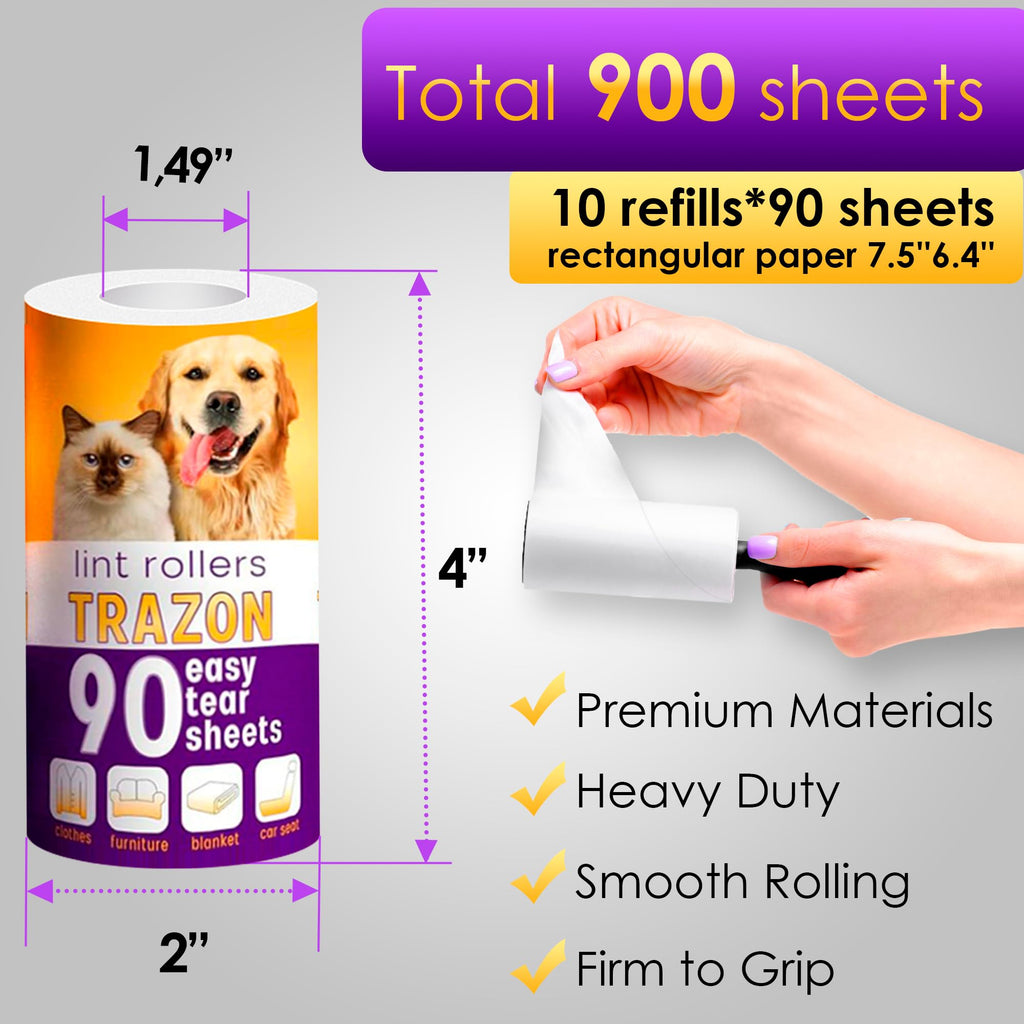 Lint Roller Refills 10 Pack of 900 Sheets / 10 Refills Rollers Only, Extra Sticky Roller for Pet Hair, Lint Remover Dog Hair, Cat Hair, Fuzz, Animal Fur, Lint Removal Roller Clothe, Stick Roller