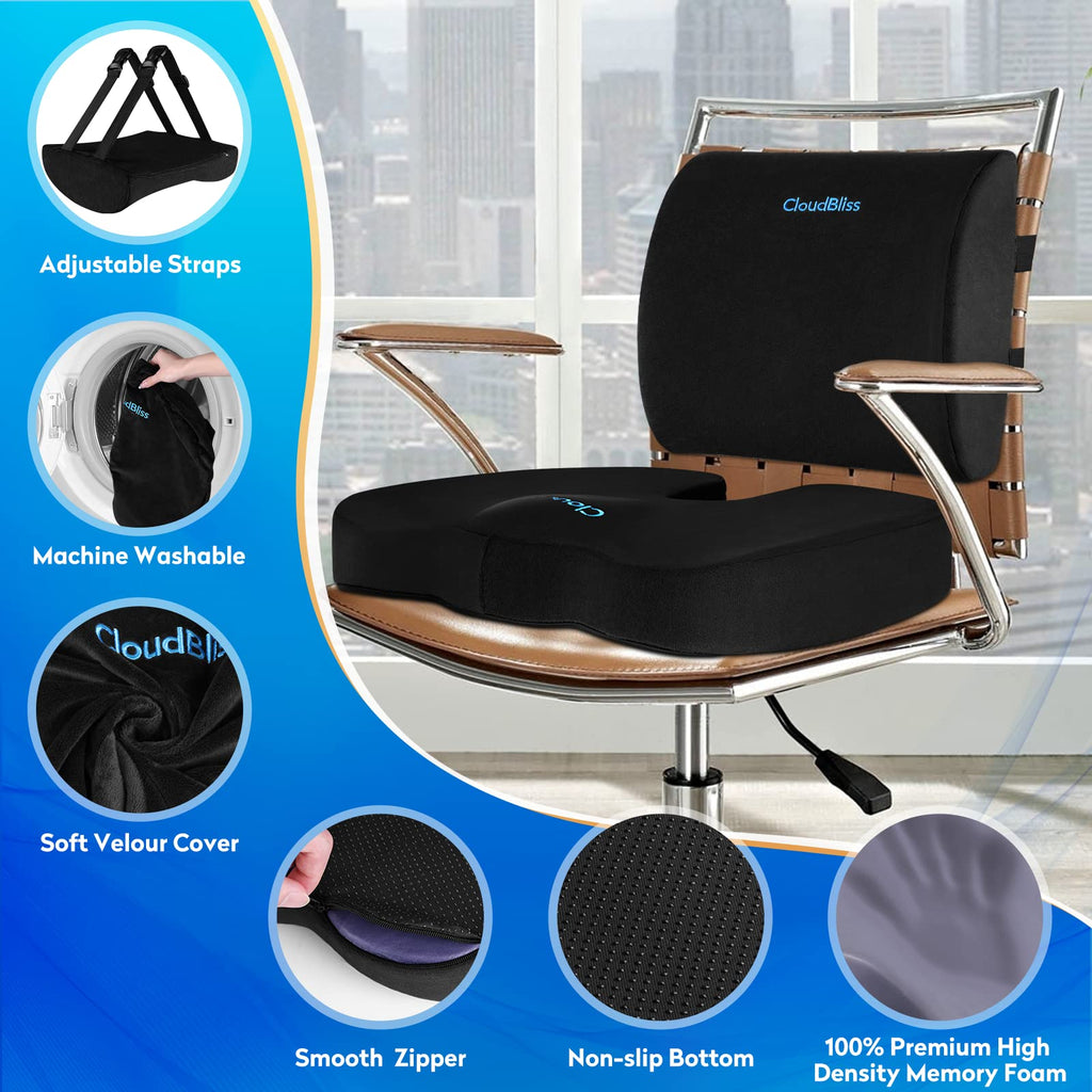 CloudBliss Seat Cushion, Office Chair Cushion,Car Seat Cushion, Lumbar Support Pillow for Office Chair, Back Support Memory Foam Pillow Coccyx Cushion for Tailbone & Sciatica Pain Relief,Black,X-Large