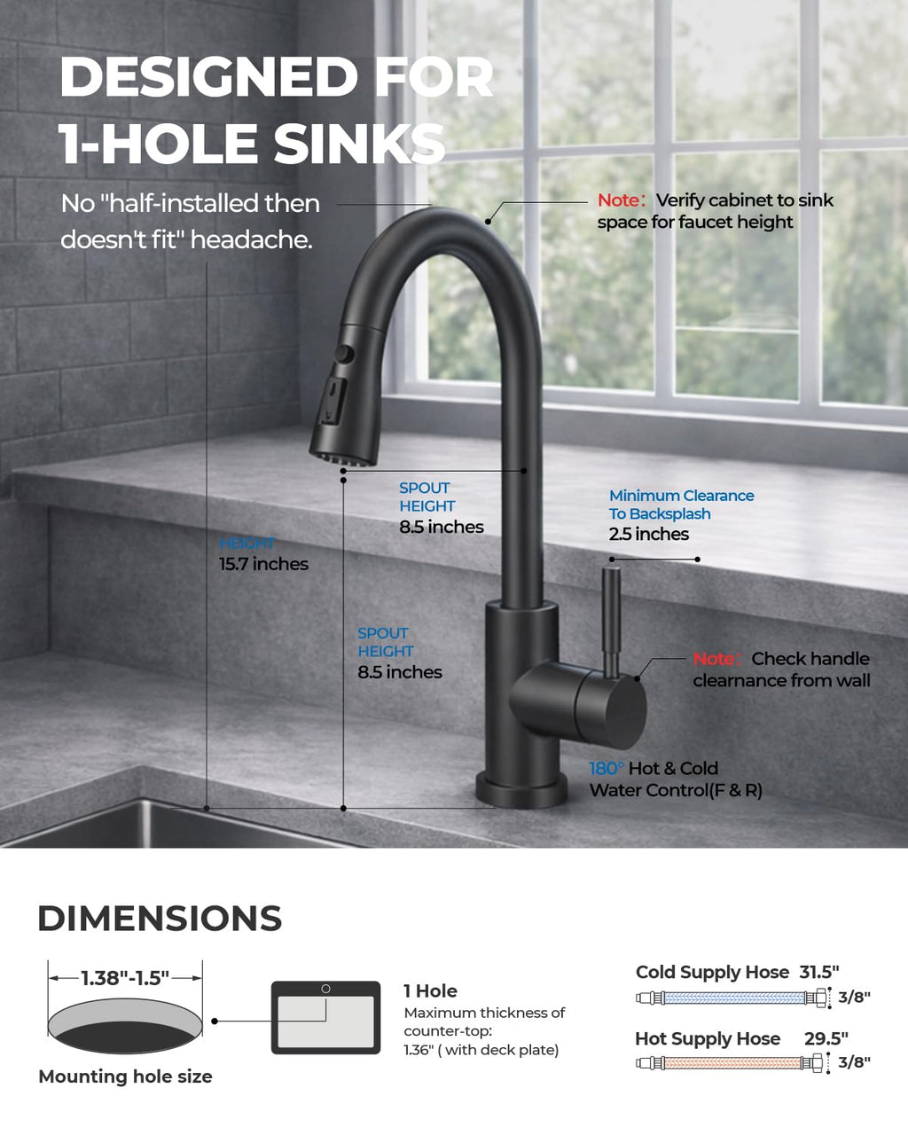 WEWE Kitchen Faucets with Pull Down Sprayer, Stainless Steel Single Handle 1 Hole for Family Kitchen Commercial Camper Laundry Rv Bar, Matte Black