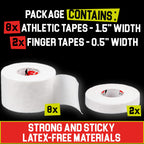 White Athletic Tape Extremely Strong: 8 Rolls + 2 Finger Tape. Easy to Apply & No Sticky Residue. Sports Tape for Boxing, Football, BJJ, Climbing. Enhance Wrist, Ankle & Hand Protection Now