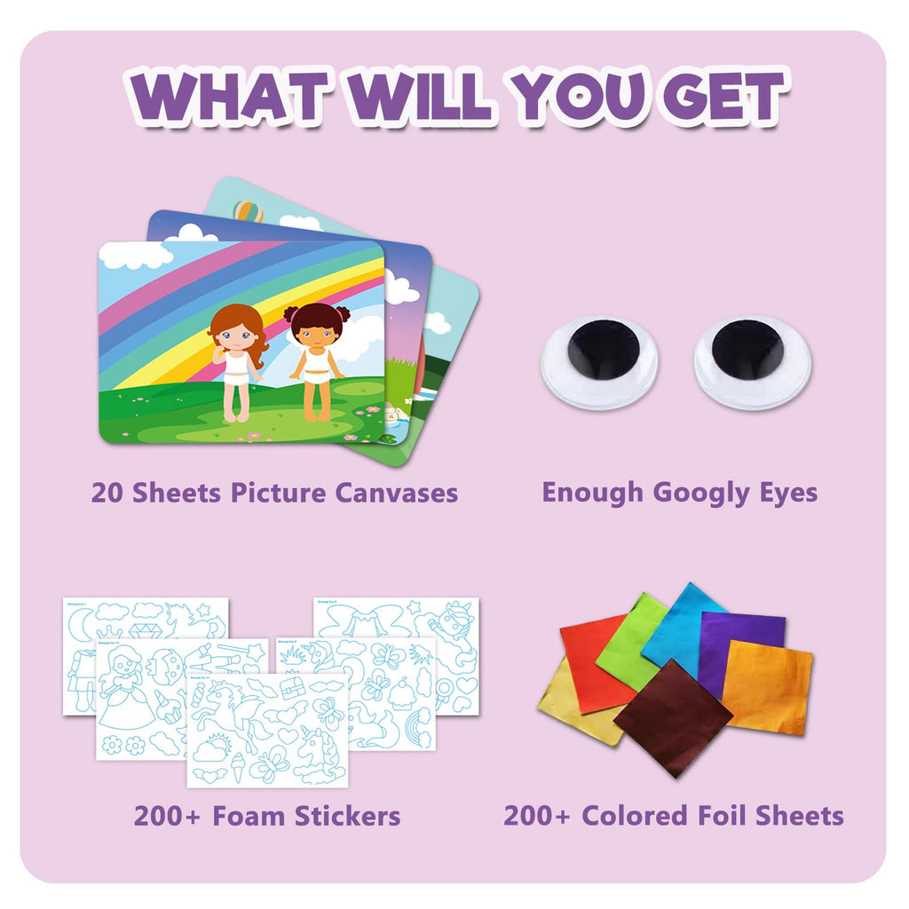 SOOVSY 200 Sheets Princesses & Unicorns Foil Art Fun Kit for Kids, Foil Art for Kids Art Craft DIY Creative Activity Birthday Christmas Gift Travel Toys for 4 5 6 7 8 9 Years Old Kids Girls Boys