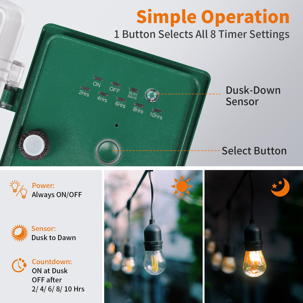 SURAIELEC Outdoor Power Stake Light Timer, Dusk to Dawn, 6 Electrical Outlet Power Strip Weatherproof, 6FT Extension Cord Multiple Outlet for Patio Lights, Sprinkler, Garden, Christmas Decorations