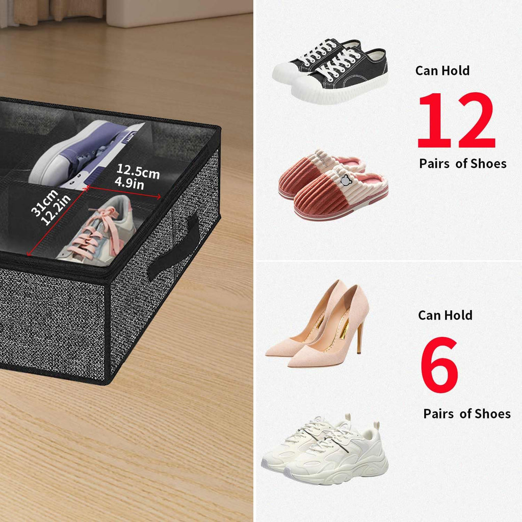 Sturdy Under Bed Shoe Storage Organizer, Set of 2, Fit 12 to 24 Pairs, Underbed Shoes Closet Storage Solution with Clear Window, Breathable, L29.3 x W23.6 x H5.9, Linen-like Black, MXAUBSB2P
