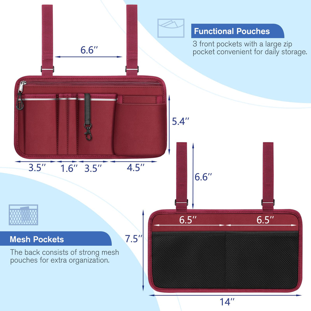 FINPAC Wheelchair Side Storage Bag w/Cup Holder, Wheelchair Armrest Accessories Pouch with Pen Slot and Reflective Strips for Power Wheelchairs, Walkers, Rollators, Seniors (Burgundy)