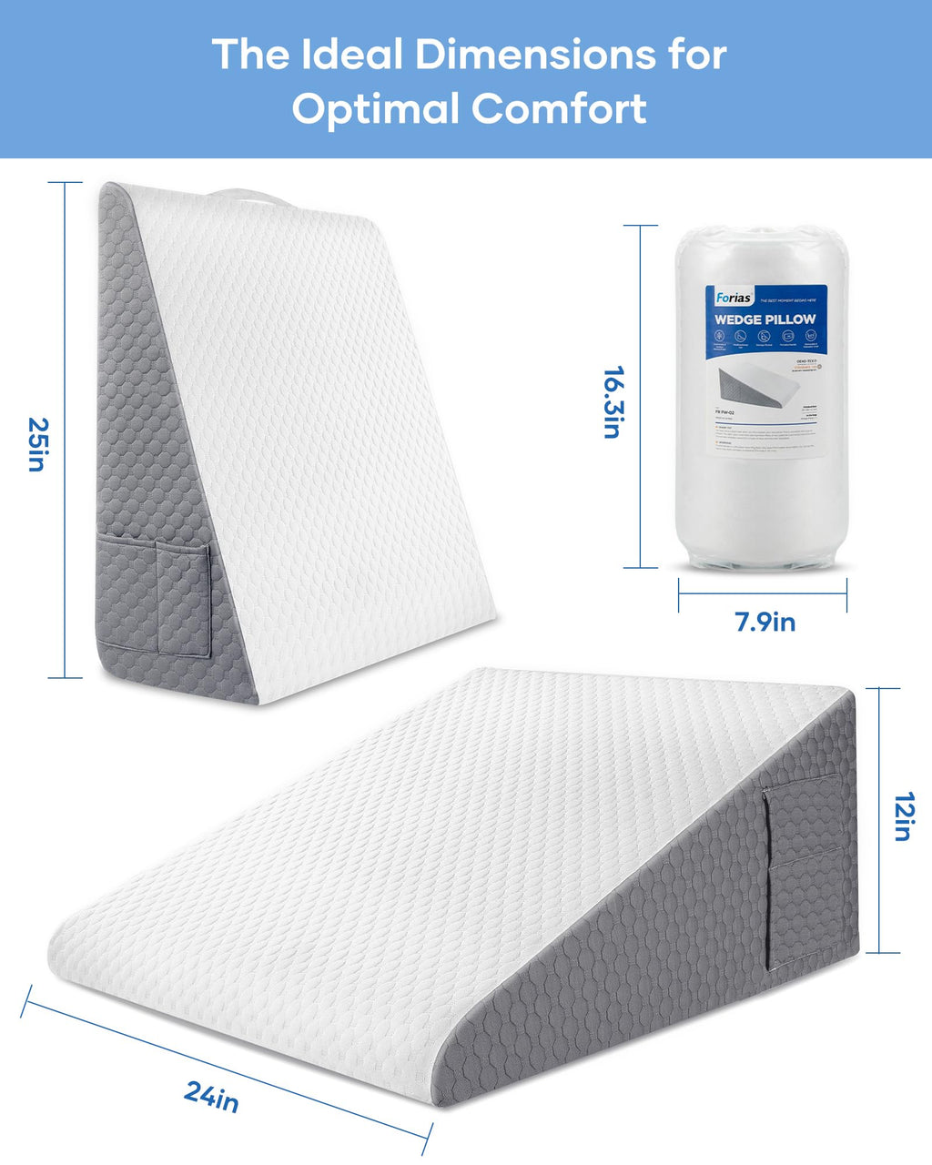 Forias Wedge Pillow 12" Bed Wedge Pillow for Sleeping Wedge Pillow for After Surgery Triangle Pillow Wedge for Acid Reflux Snoring Heartburn Back Pain, Machine Wash Cover | Memory Foam Top