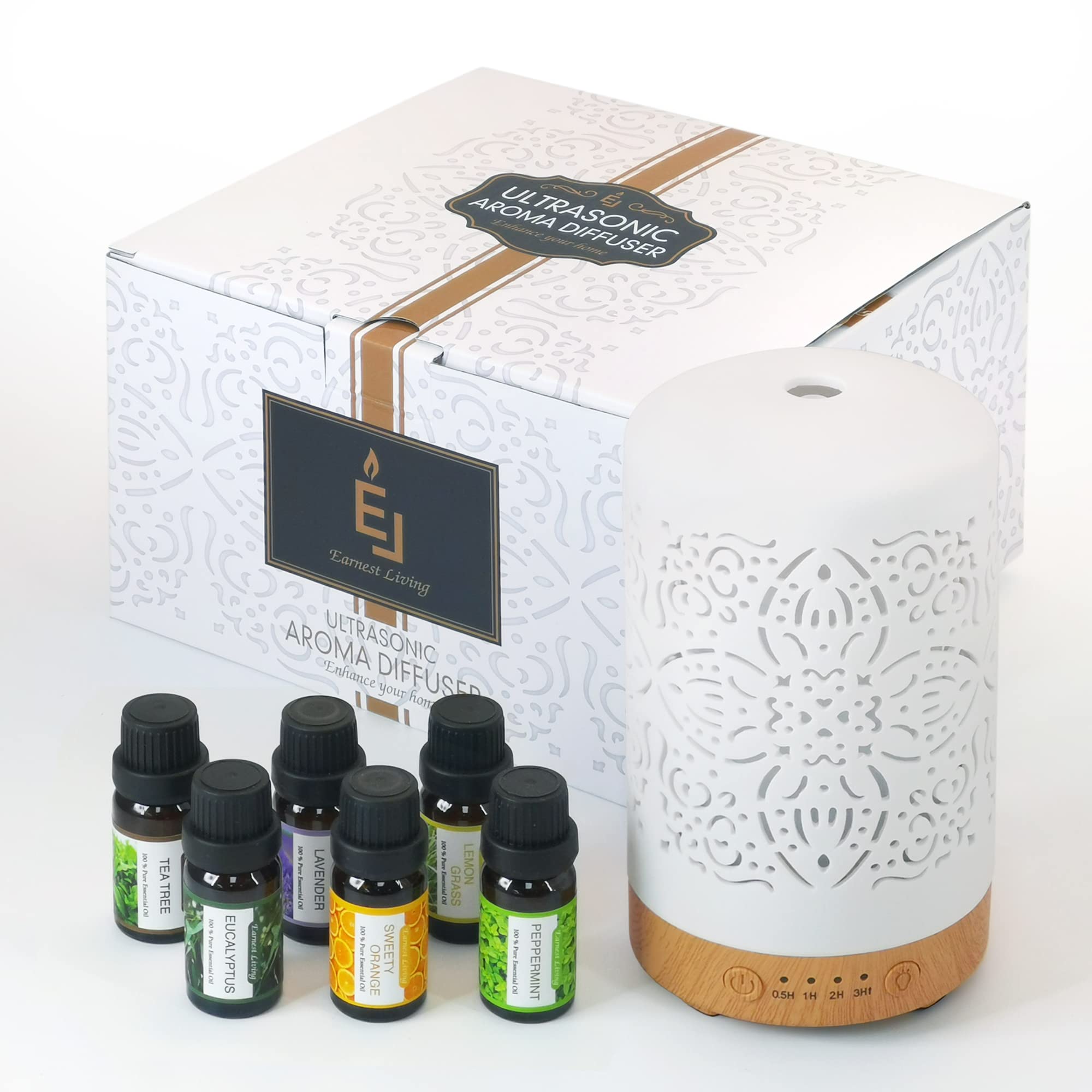 Earnest Living Essential Oil Diffuser Gift Set White Ceramic Diffuser 100 ml & Essential Oil Set Timers Night Lights Auto Off Function Home Office Humidifier Aromatherapy Diffusers for Essential Oils